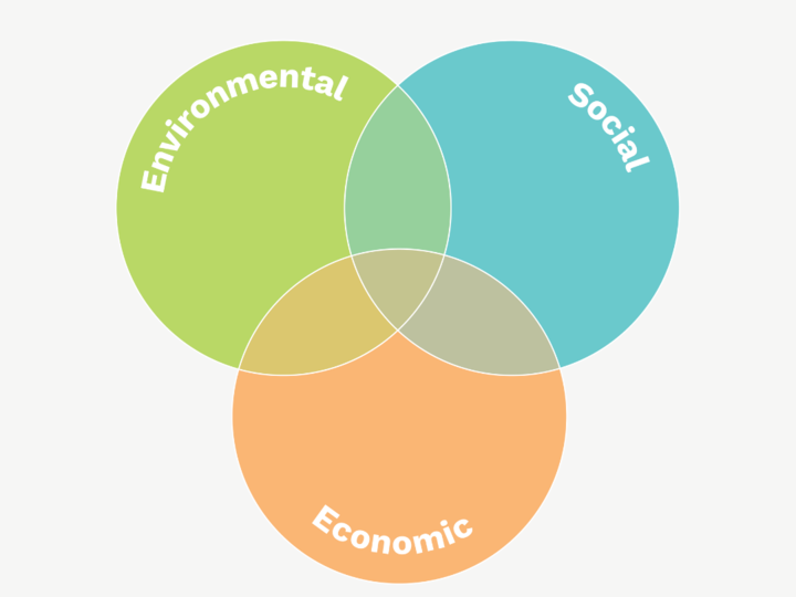 Venn diagram consisting of overlapping circles labeled "Environmental", "Social", "Economic"