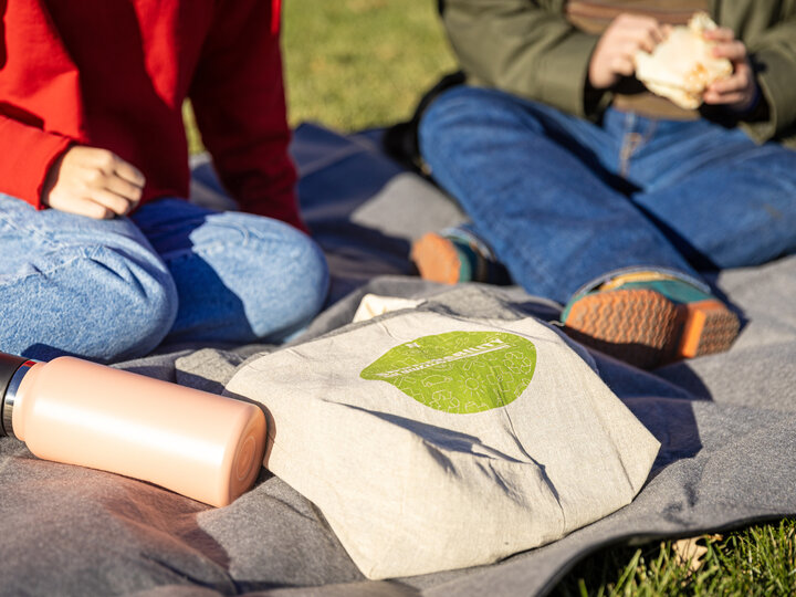 Two students sit outside on a picnic blanket and talk to each other.