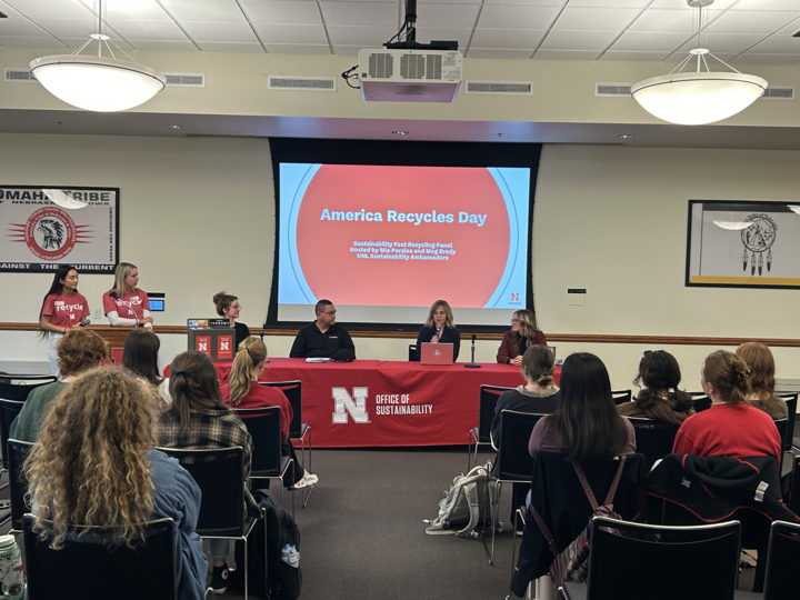 Lincoln recycling personnel answer questions at UNL's first America Recycles Day Panel