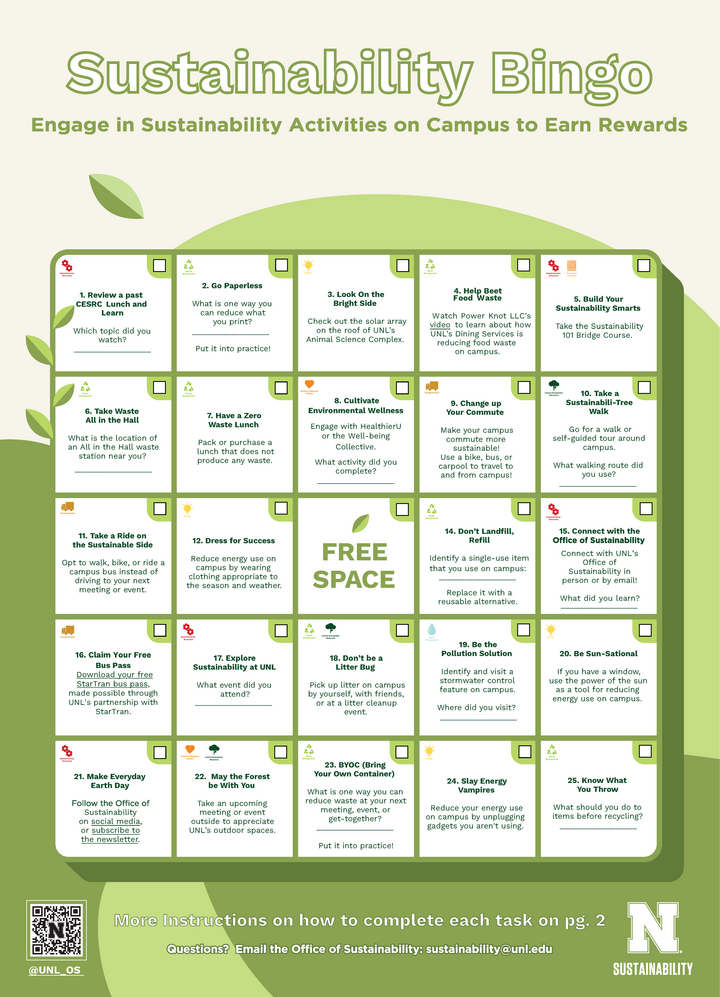 Sustainability Bingo Card featuring activities to learn more about sustainability on campus