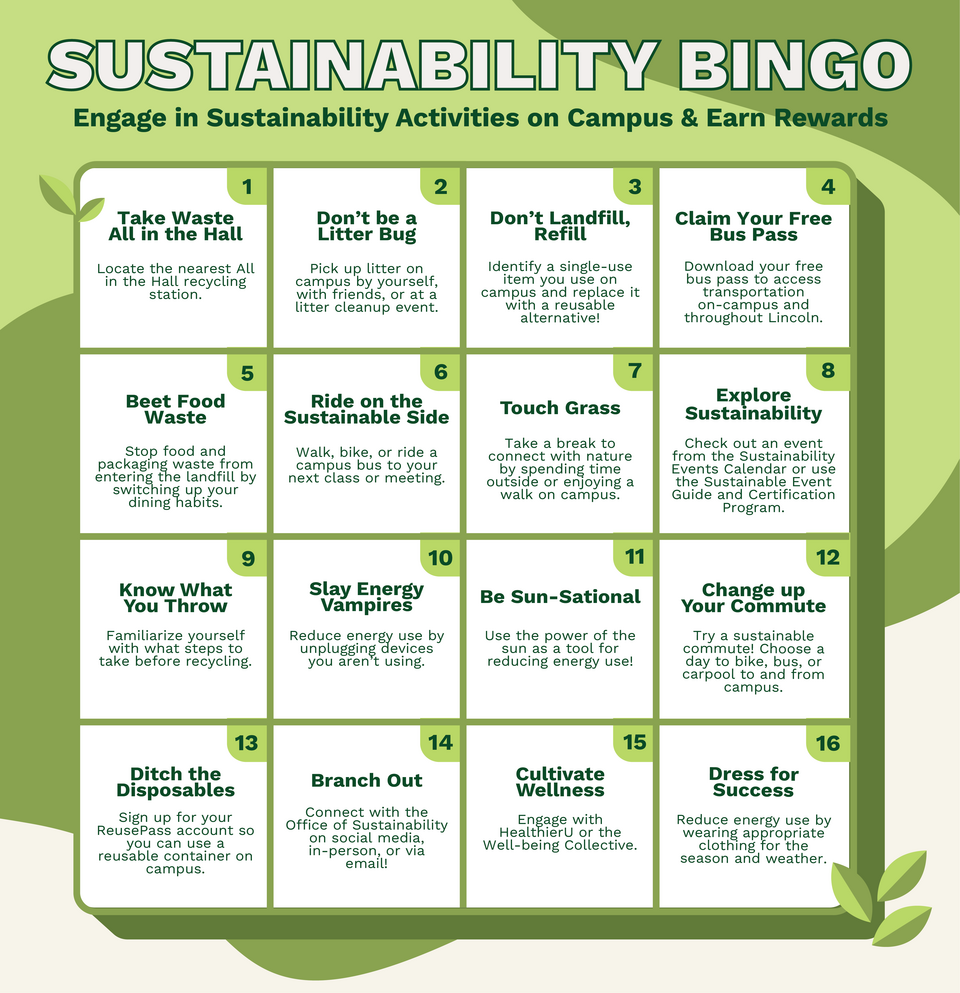 Image of the sustainability bingo board, including activities. 