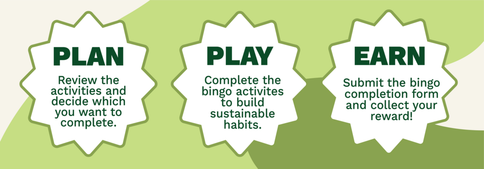 Steps to play sustainability bingo include plan, play, and earn. 